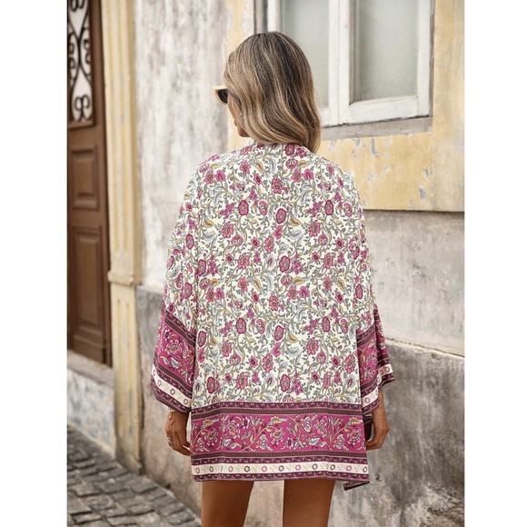 Floral Boho Kimono Style Open Coverup Batwing Sleeve - Picture 5 of 14